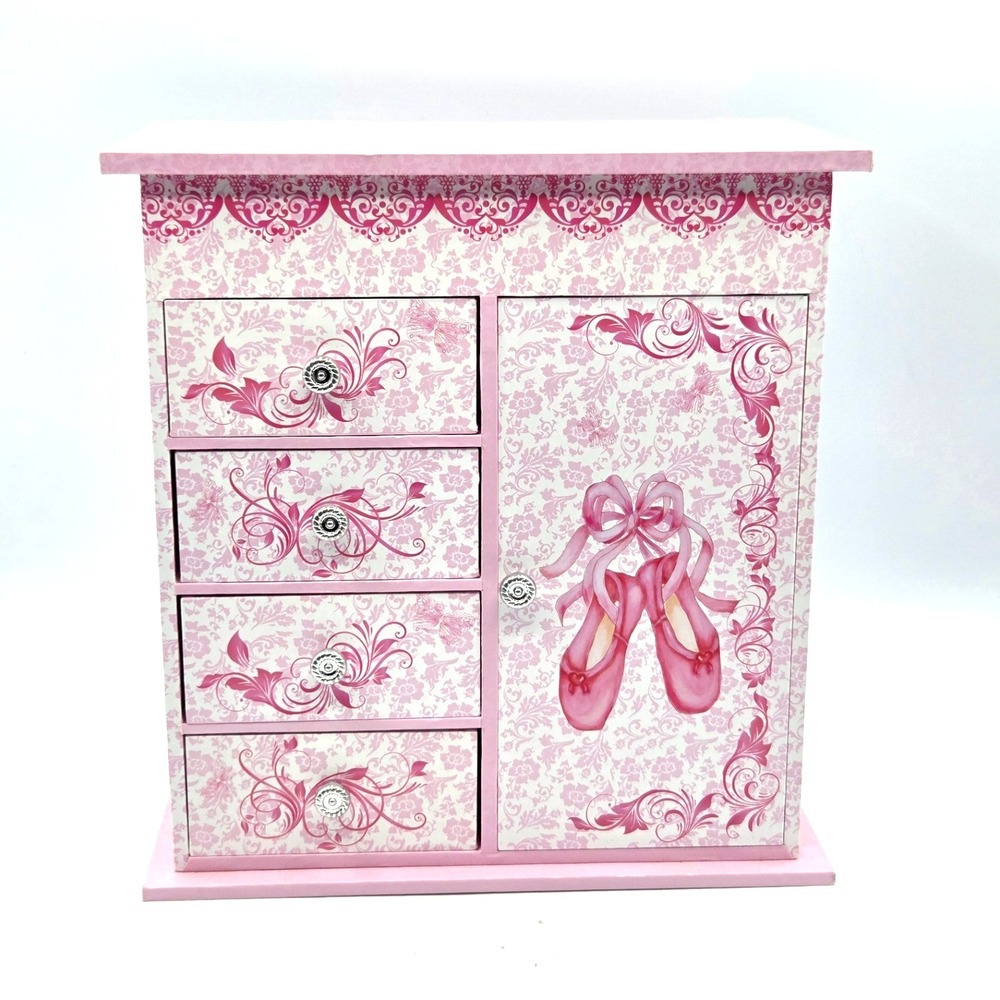 Pink Musical Jewelry Box  4 Drawers  Door for Necklaces Ballerina video LISTEN